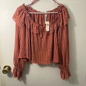 NWT Anthropologie XXS dusty rose sheer striped off shoulder blouse